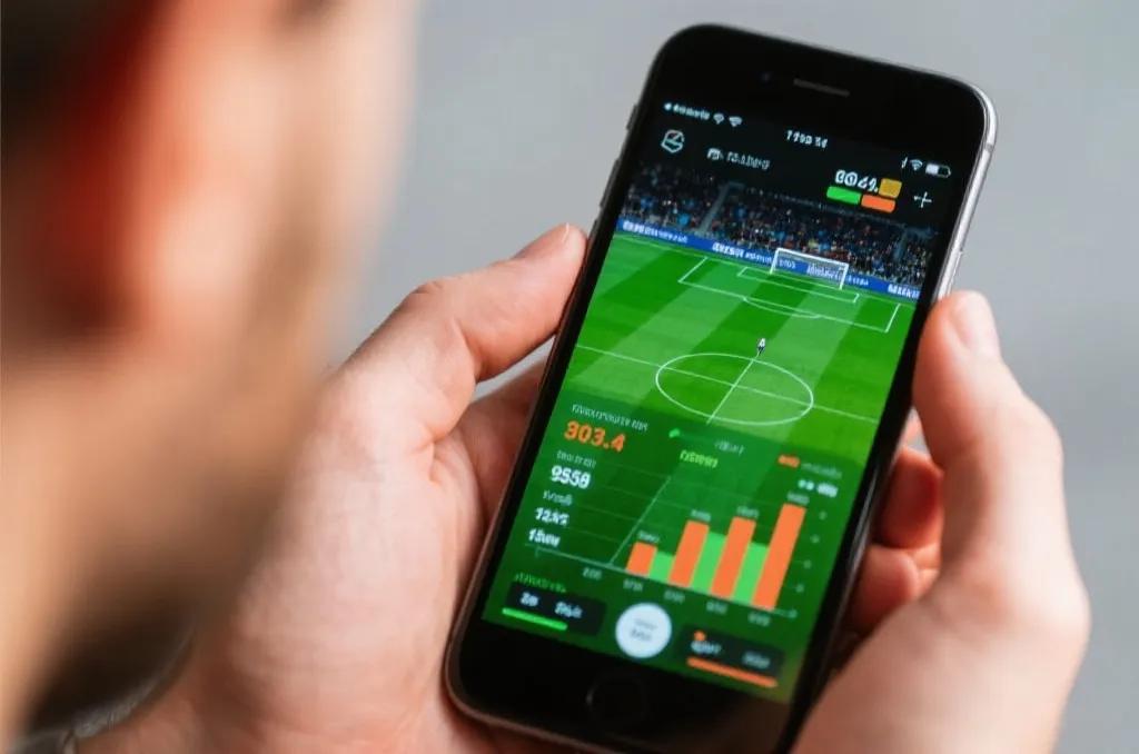 A close-up of a person holding a smartphone displaying a soccer game with live statistical data and charts overlaid on screen